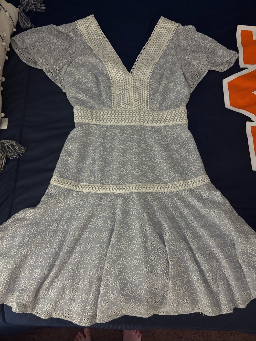Gianni Bini Light Blue Eyelet Dress with White Crochet Trim